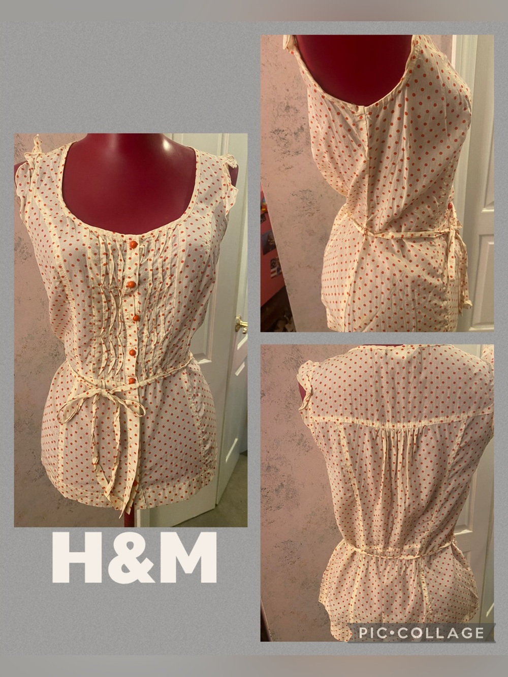 H&M sleeveless button up peach poker-dot tie blouse size 8